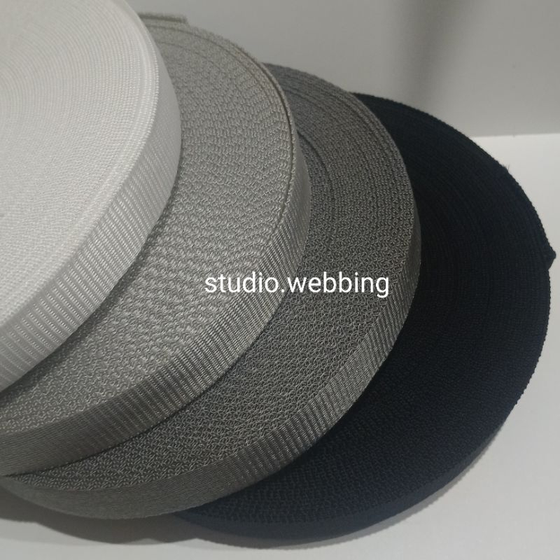 studio.webbing - webbing nylon 2.5cm (bisban nylon) webbing tas hitam, abu tua, abu muda, putih.