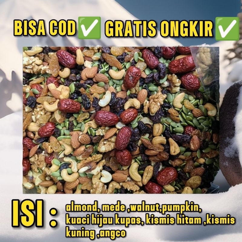 

TRAIL MIX KOMPLIT KACANG MEDE KACANG ALMOND WALNUT KISMIS KUNING KISMIS HITAM ANGCO KUACI KUPAS PUMPKIN