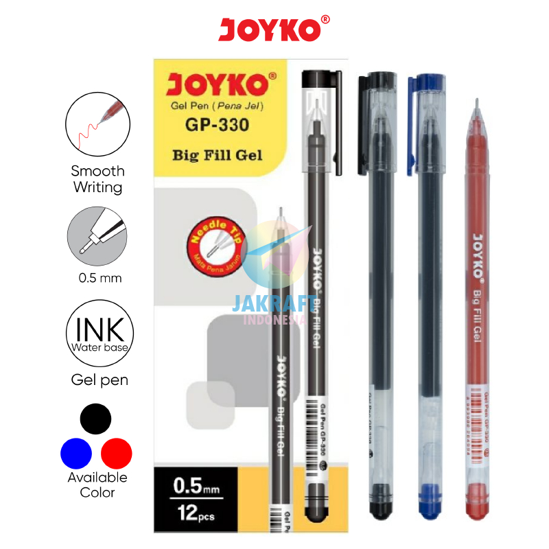 

(12 Pcs) GROSIR Gel Pen Ujung Tajam JOYKO GP-330 Big Fill Hitam Black / Biru Blue / Merah Red Pulpen Ballpoint 0.5 mm Needle Tip Anti Air & Macet | PACK