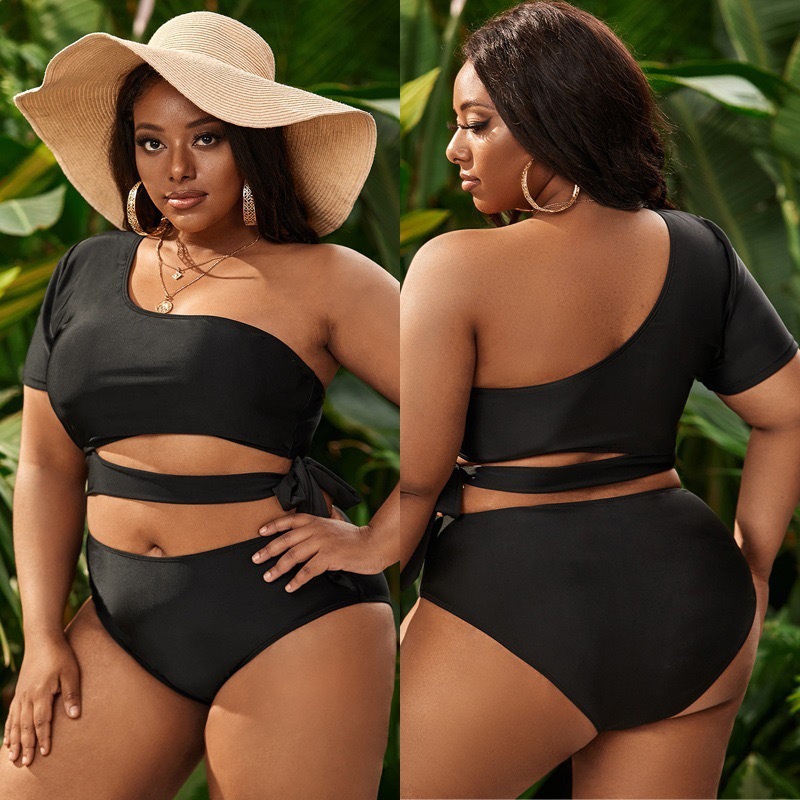 Bikini Jumbo Big Size Two Piece Set Plain Black One Shoulder Short Sleeve Mid Waist Hitam Polos Leng