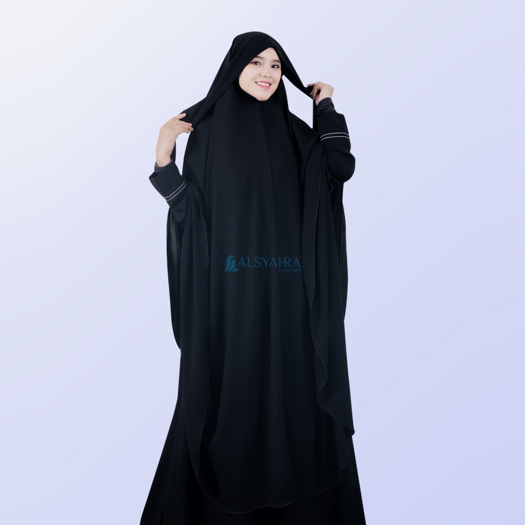 Alsyahra Exclusive -  Set Long Khimar Like Mukena Bandana Syari Haramain Cadar Jetblack