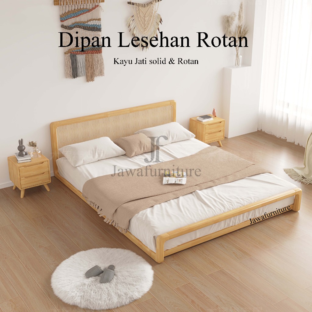 Jawafurniture Tempat Tidur Rotan Minimalis Kayu Jati Solid Divan Lantai Dipan Pendek
