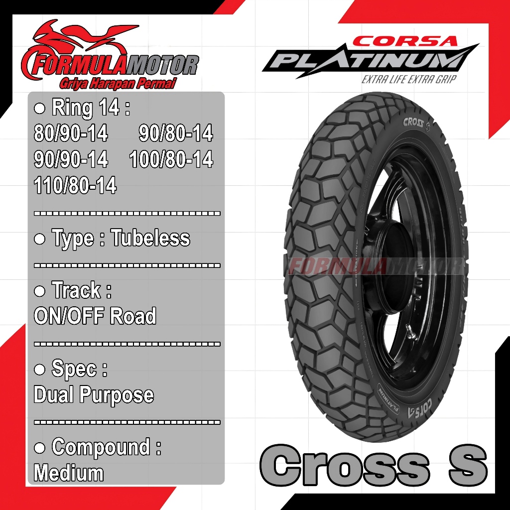 Corsa Cross-S Ring 14 Tubeless All Size (Dual Purpose) Ban Tubles Motor Matic (Ukuran 80/90-14, 90/8