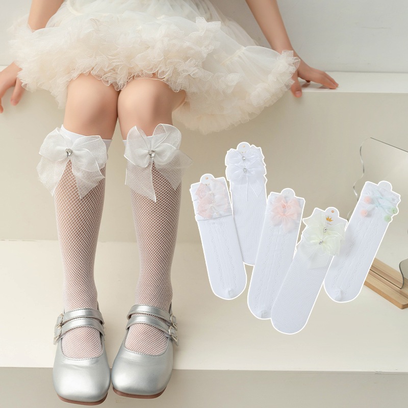 P66 Kaos kaki panjang anak perempuan / kaos kaki jaring tipis motif pita susun