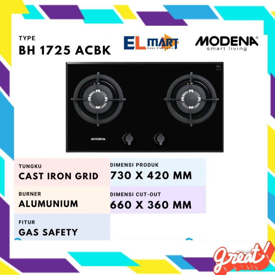 Modena BH1725ACBK Kompor Tanam 2 Tungku BH 1725 ACBK 1725ACBK kaca kompor gas