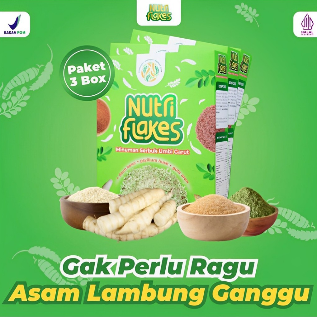 

Nutriflakes - Minuman Serbuk Umbi Garut dan Daun Kelor Ampuh Mengatasi Maag Asam Lambung 3 Box