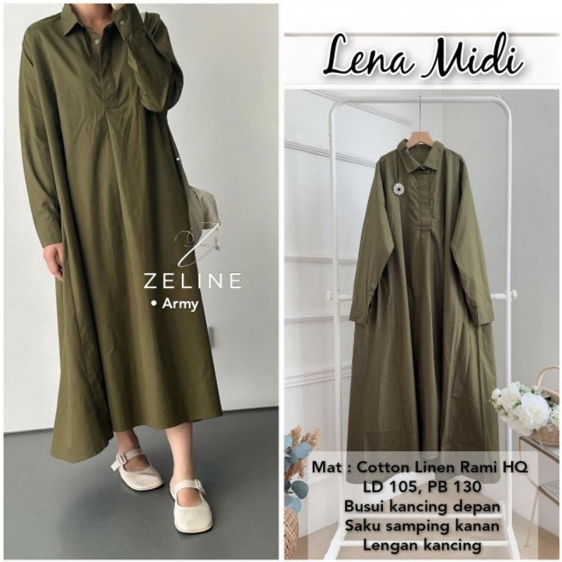 Lena Midi Dress Bahan Linen Rami By Zeline-Midi Dress Muslim Korean Style-Casual Midi Dress Busui-Mi