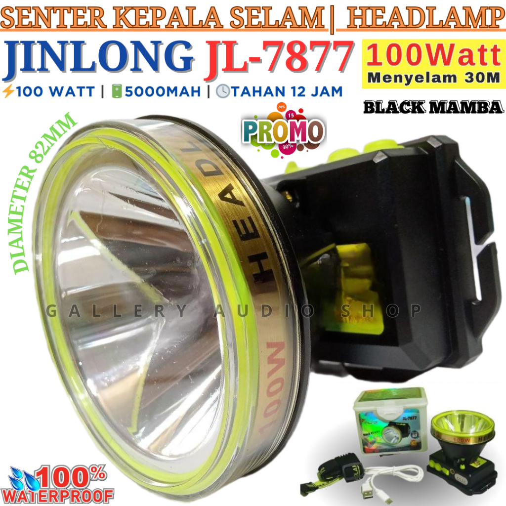 Senter Kepala Selam JINLONG JL-7877 100W Black Mamba Lampu Led Baterai 5000mAh Tahan Sampai 12 Jam J