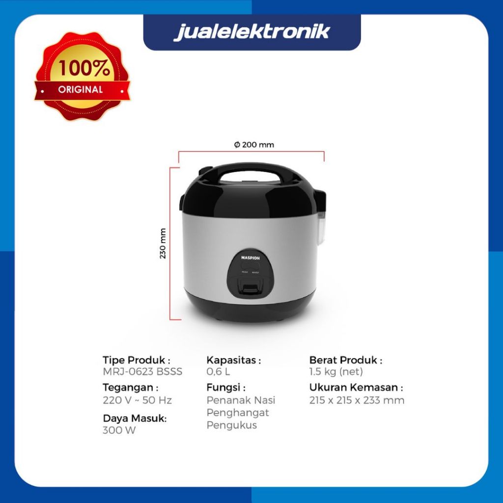 Maspion Rice Cooker Magic Com 0,6 Liter MRJ 0623 BSSS MRJ0623BSSS Memasak Menghangatkan Nasi