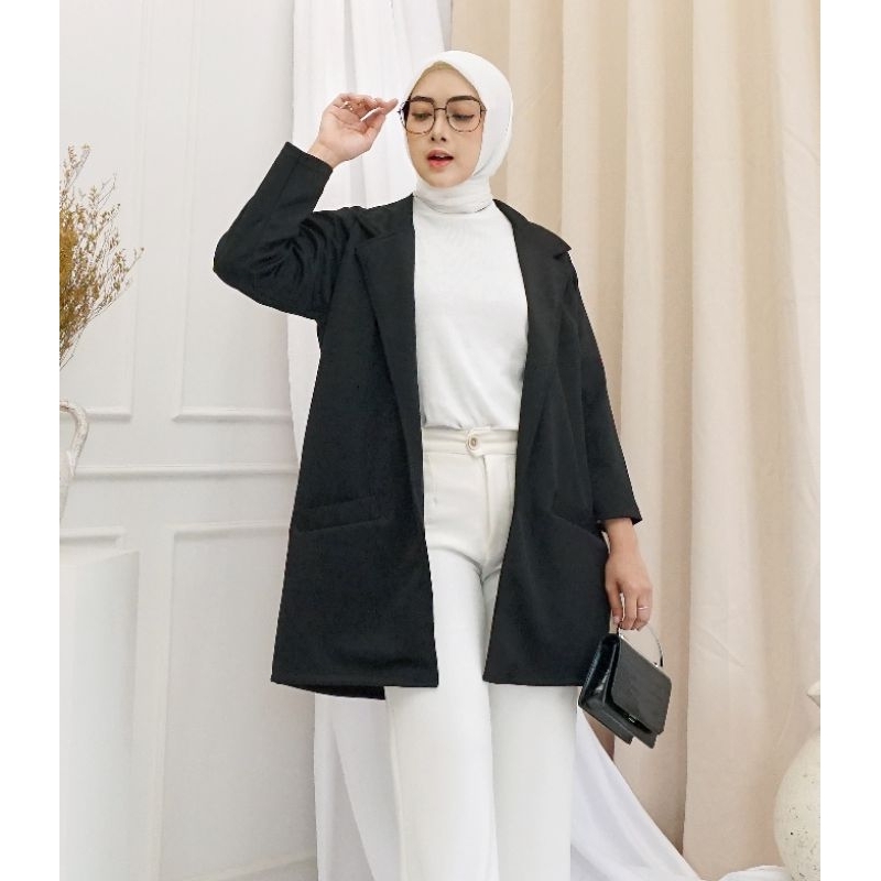 Long Blazer scuba hitam baju kerja formal jumbo