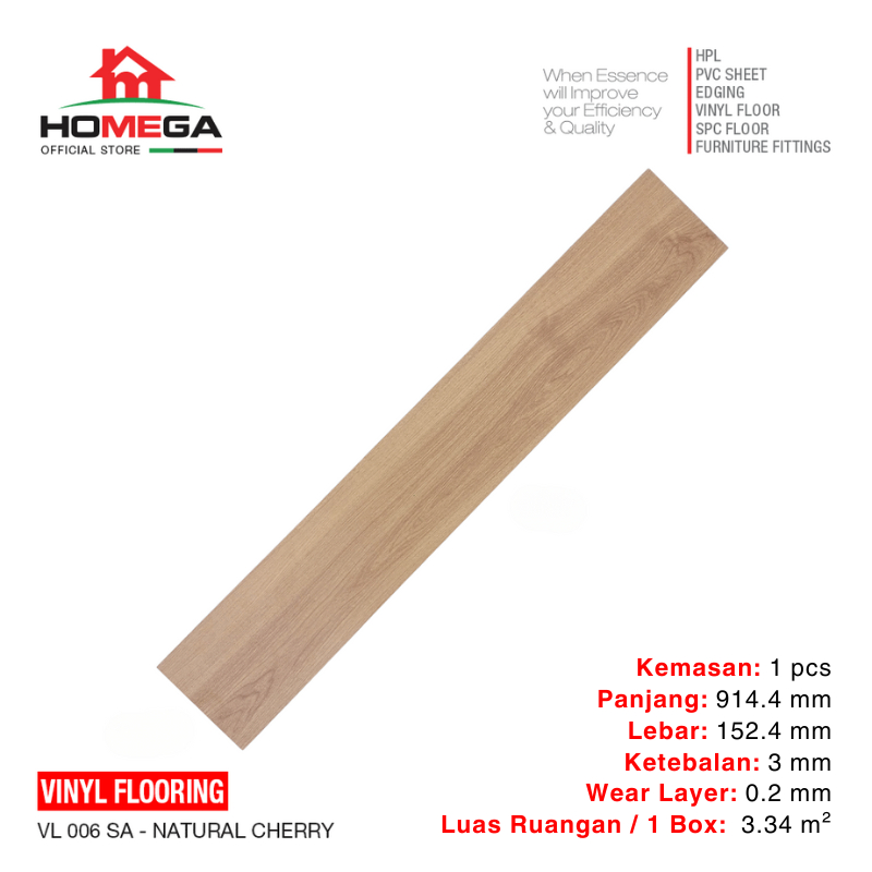 Homega Vinyl Flooring - Lantai Kayu Parket Parkit Parquet Stiker - Tekstur Wood Natural Cherry - 1