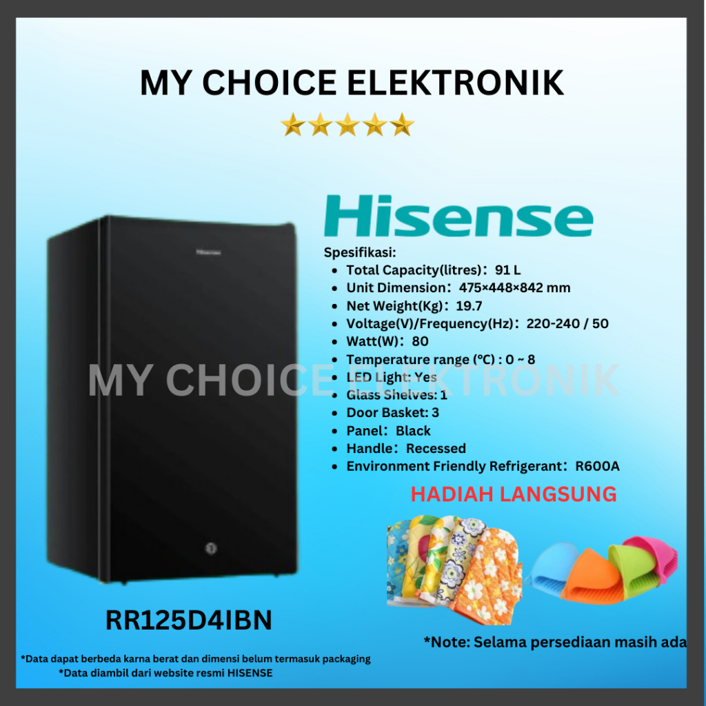 HISENSE Kulkas 1pintu RR125D4IBN /RR 125 D41BN - Black (With Door Lock)