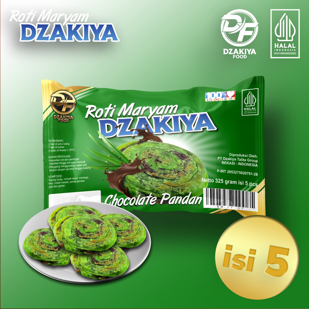 

Roti Maryam DZAKIYA Pandan Coklat Isi 5 pcs ukuran standar (diameter 12cm)