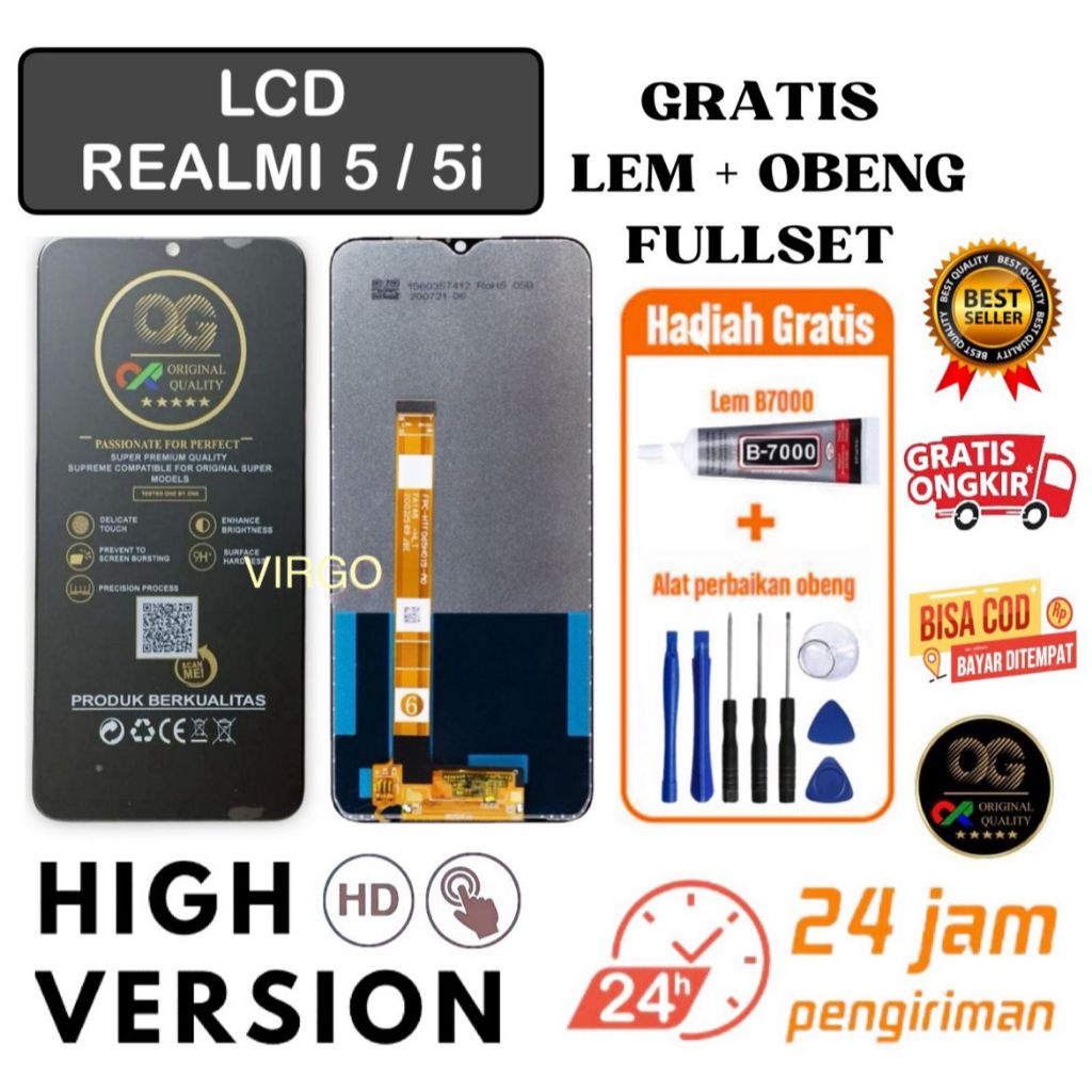 LCD REALME 5 / 5i fullset free LEM + OBENG / LCD TOUCSHCREEN REALME 5 / 5i ORIGINAL OG