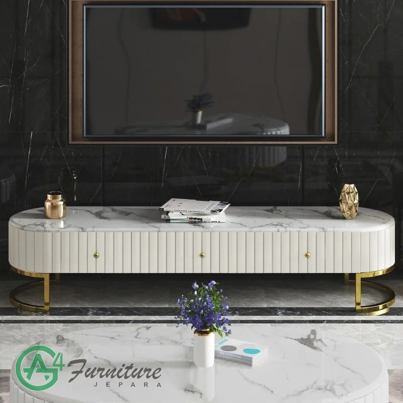 Meja Tv Stainless Modern Oval Dengan Top Motif Marmer Carrara