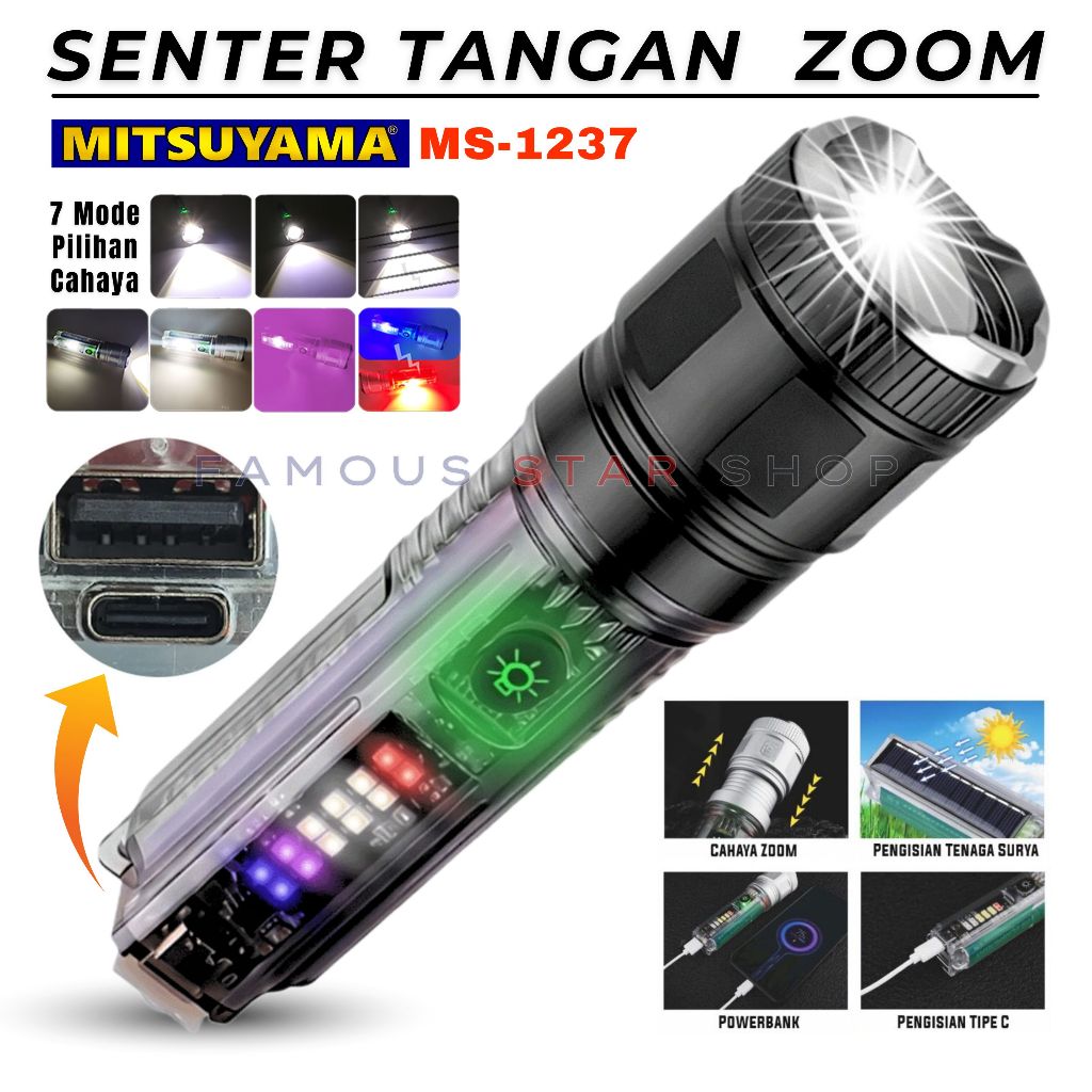 Senter Swat Police Terbaik zoom 7 mode cahaya senter MITSUYAMA MS-1237 (Bisa Power Bank) /Senter Led