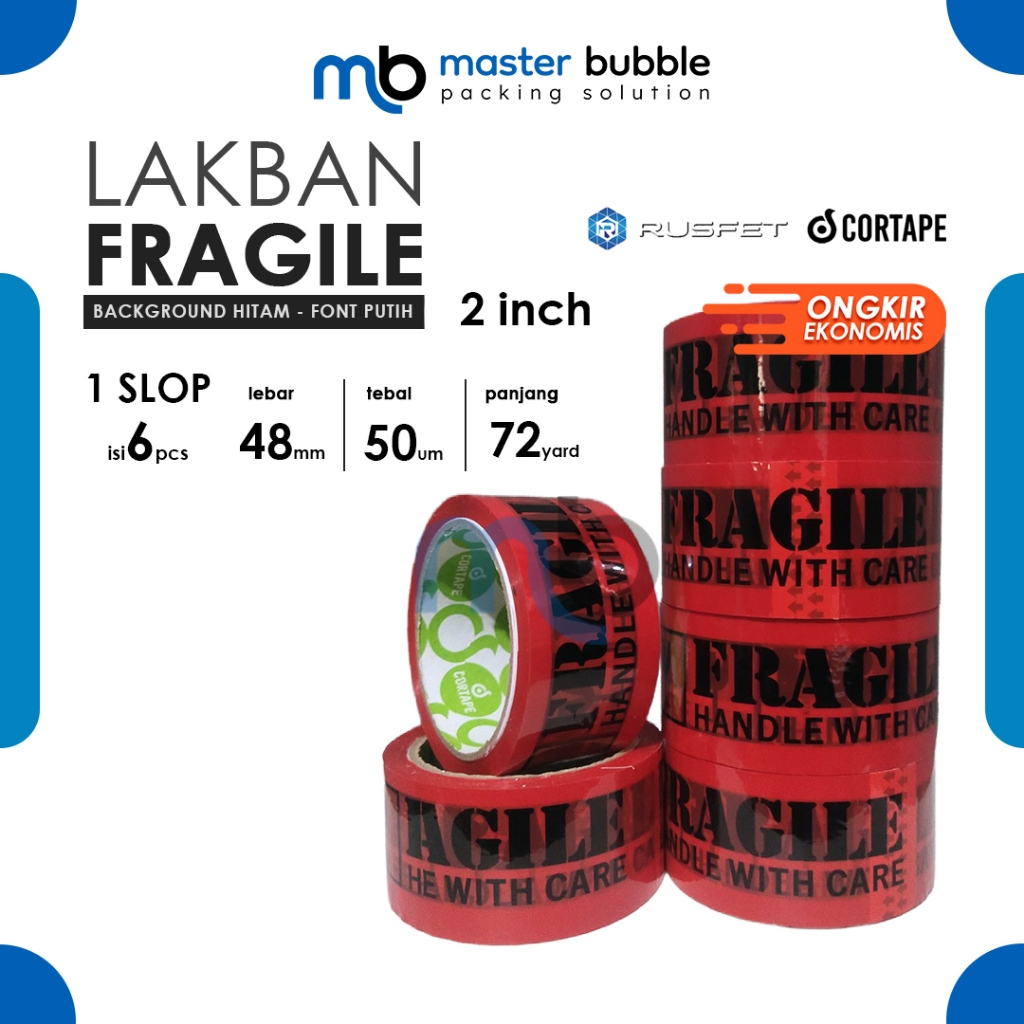 Lakban Fragile Merah Hitam Cortape rusfet 2inch 48mm x 72yard Harga Per-Slop 6 Roll Ekonomis Murah