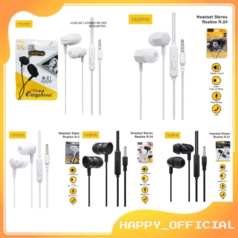 HF Headset [ REALME ] R-21| R-24| R-31| R-33| R-34 Extra Bass + Mic |Kwalitas Bagus