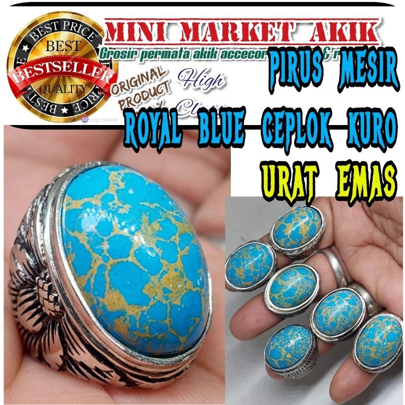 Batu cincin pirus mesir royal blue urat emas ceplok kuro biru jumbo njenong