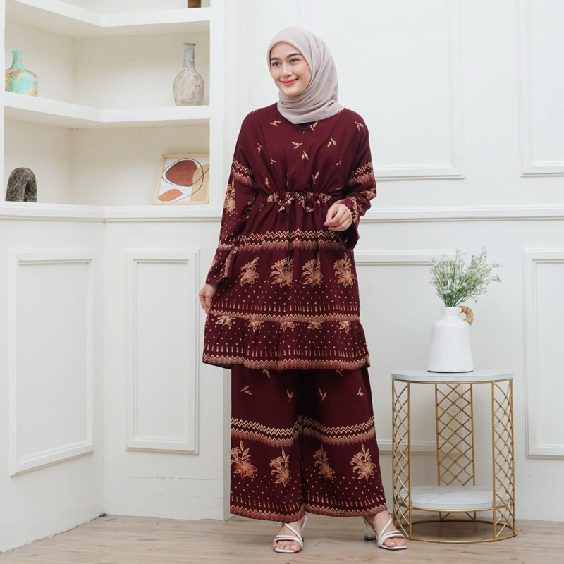 Setelan Tunik Rayon Tali Serut Busui One Set Wanita Jumbo Ld 120 Batik Motif Bunga Bunga