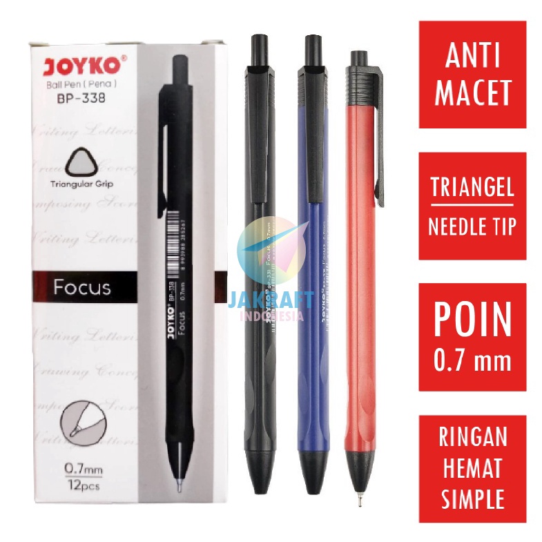 

MURMER 12 Pcs Pulpen Bolpen Pen Klik JOYKO BP338 Vocus 7 mm Warna Tinta Lengkap Hitam Black Biru Blue Merah Red