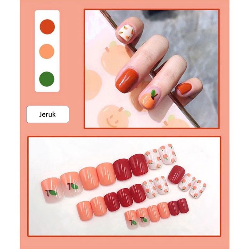 ( diolyn.id ) 24 PCS KUKU PALSU + LEM Motif JERUL ORANGE fruit fruity | Fake nail korean style | kuk