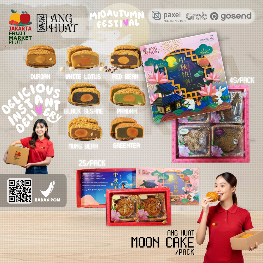 

ANG HUAT MOON CAKE kue bulan mooncake white lotus black sesame red mung bean telur pandan durian green tea kacang hijau merah mid anghuat autumn Festival