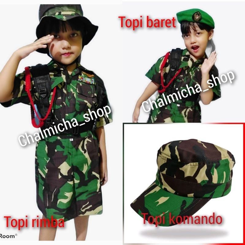 Topi baju kostum karnaval anak cewek doreng TNI AD topi rimba/baret/komando