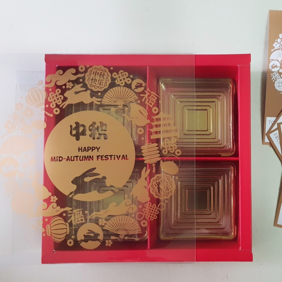 

5 pcs box mika kemasan mooncake 75 100gr warna merah sekat isi 4 ukuran 8x8cm