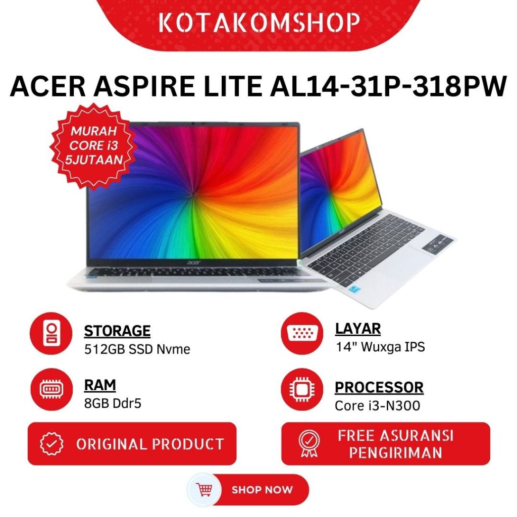 Laptop Acer Aspire Lite AL14 - 38BG / 318W Core i3 gen13 Ram 8Gb Ssd 512Gb 14" WUXGA IPS - Laptop co