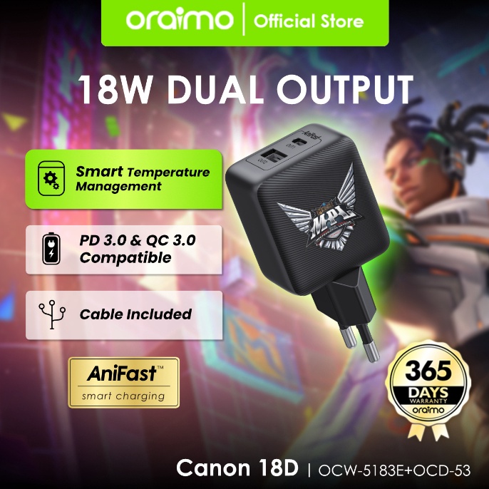 KODE V42L Oraimo Charger x MPL Mobile Legends Cannon 18D OCW5183E Dual Output 2A 18W Compact Mini Si