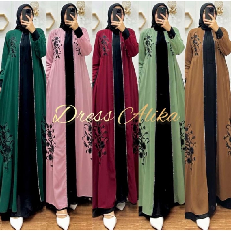 Zifa Fashion || Cod || Alika Dress Cruty Bordir Aksen Payet || Gamis Buka Pintu Terbaru || Fashion W