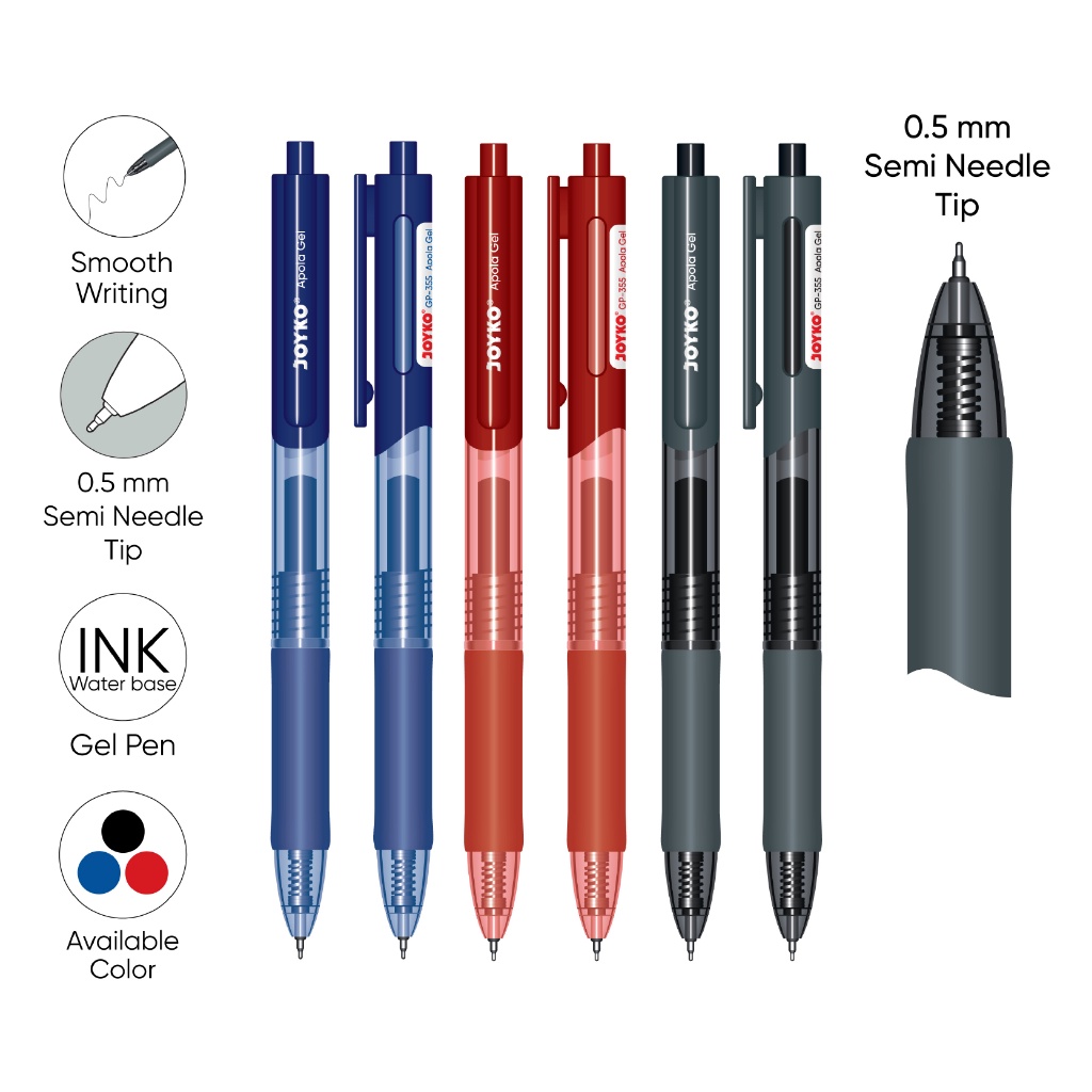 

TERBUKTI 12 Pcs Pulpen Gel Pen Klik JOYKO GP355 Apola Hitam Biru Merah Black Blue Red 5 mm Anti Macet Luntur