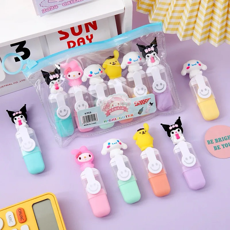 

6pcs Pulpen Pena Stabilo Highligter Free Ziplock Sanrio Kuromi Hadiah Alat Tulis Siswa Anime Lucu Kartun Kreatif Grosir Pena Spidol Warna