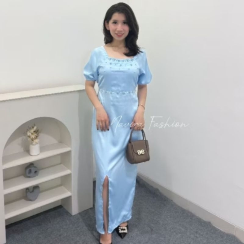 NEW-  DRESS LYODRA SIZE M L XL/DRESS PESTA WANITA/GAUN PESTA NATAL WANITA APLIKASI MUTIARA TEMBAK SI