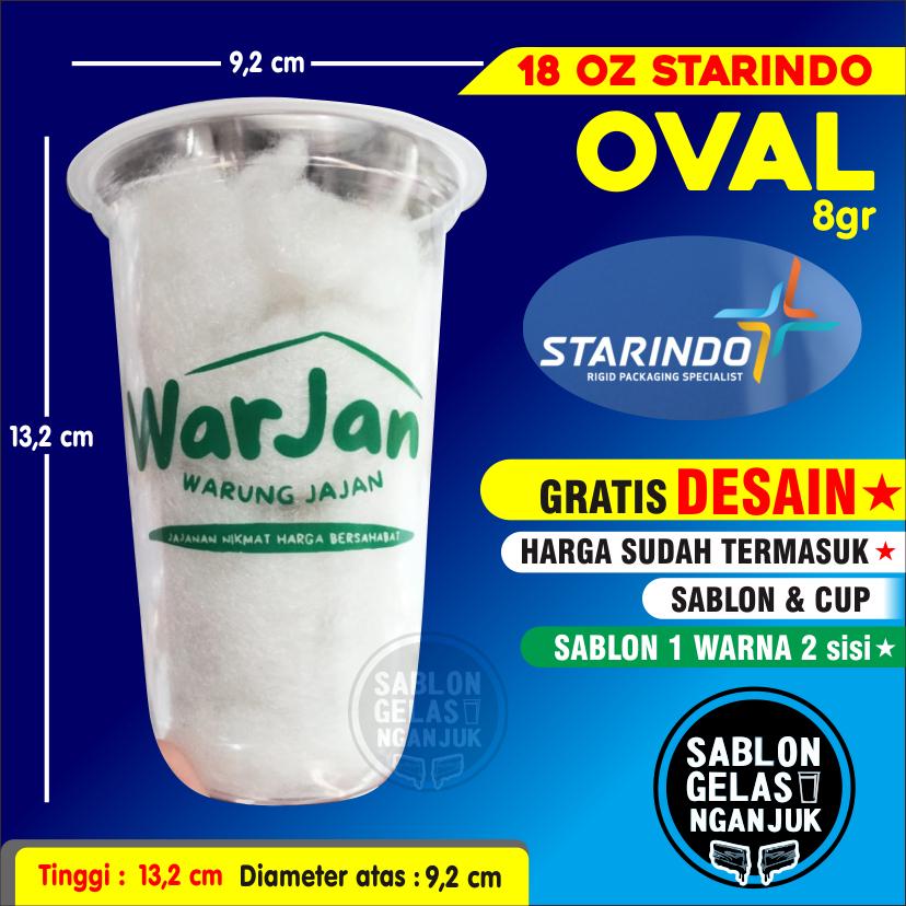 [SABLON CUP] GELAS Plastik OVAL 18oz  Starindo, Gratis Desain