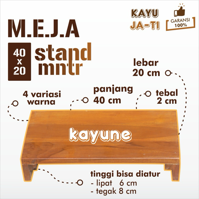 Stand Meja Laptop Layar PC Monitor 40x20 cm Tinggi Bisa Diatur Material Kayu Jati Jawa Solid - kayun