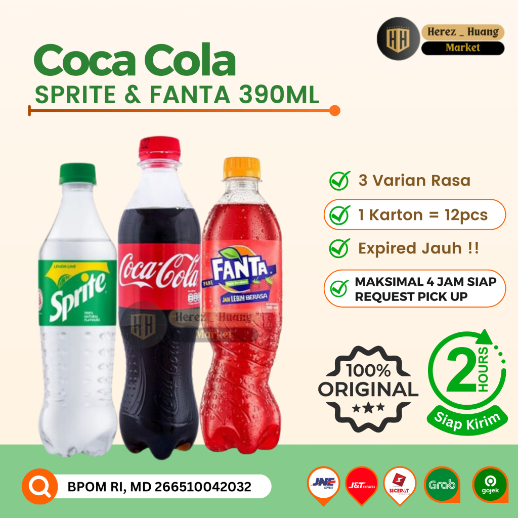 

Coca Cola , Sprite , Fanta 390ml Coca-cola Minuman Bersoda Berkarbonasi, 1 Karton / 1 Dus Isi 12 pcs