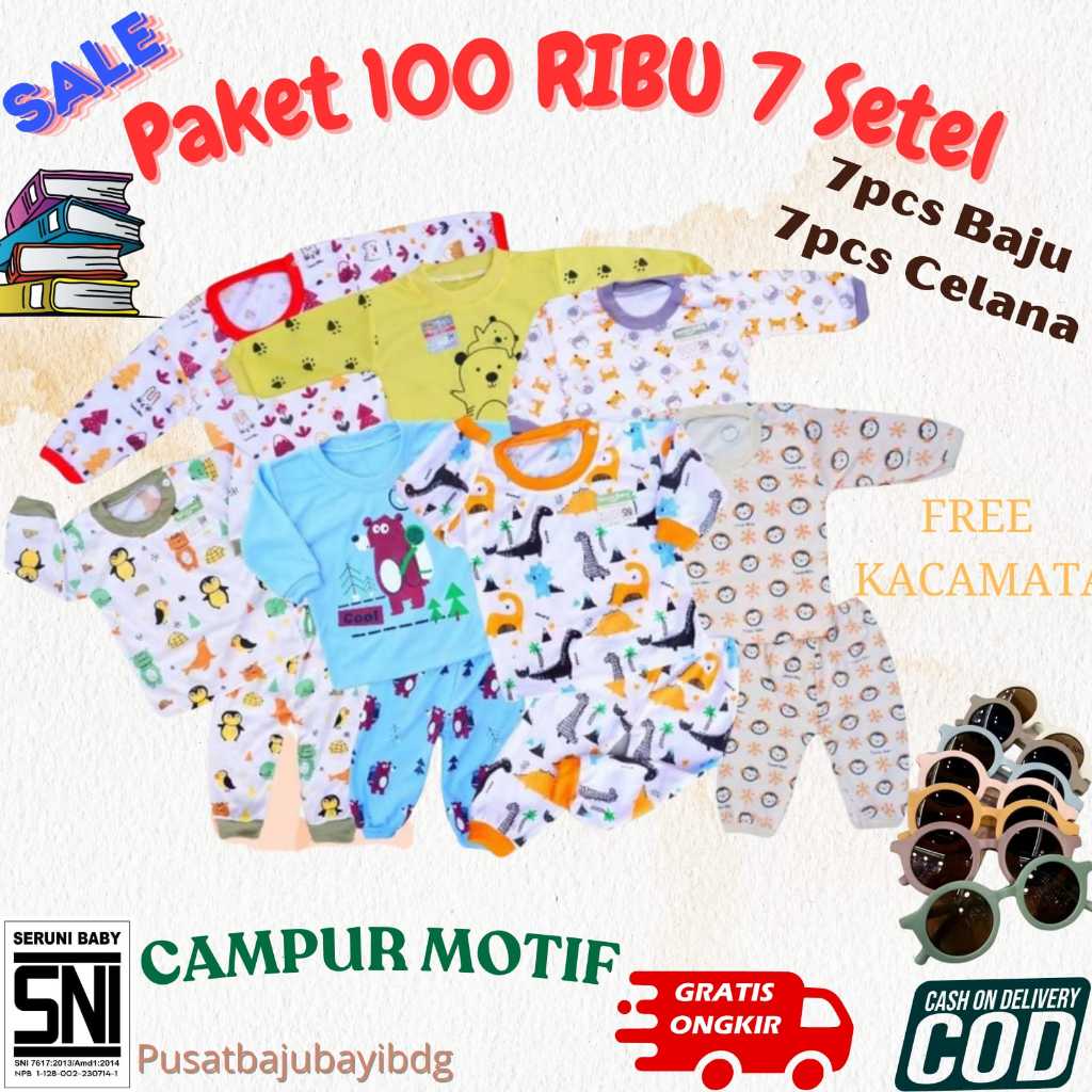 BISA COD- PAKET 100RB 7 SETEL BAJU BAYI  3-12 BULAN LAKI LAKI DAN PEREMPUAN MIX MOTIF FREE KACAMATA 