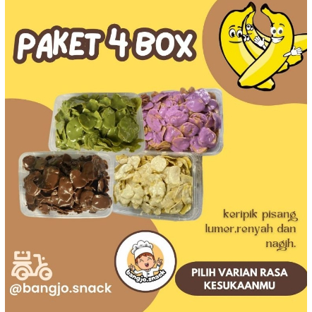 

Keripik Pisang Lumer Paket 4 BOX Cokelat Taro Matcha Tiramisu Lumer