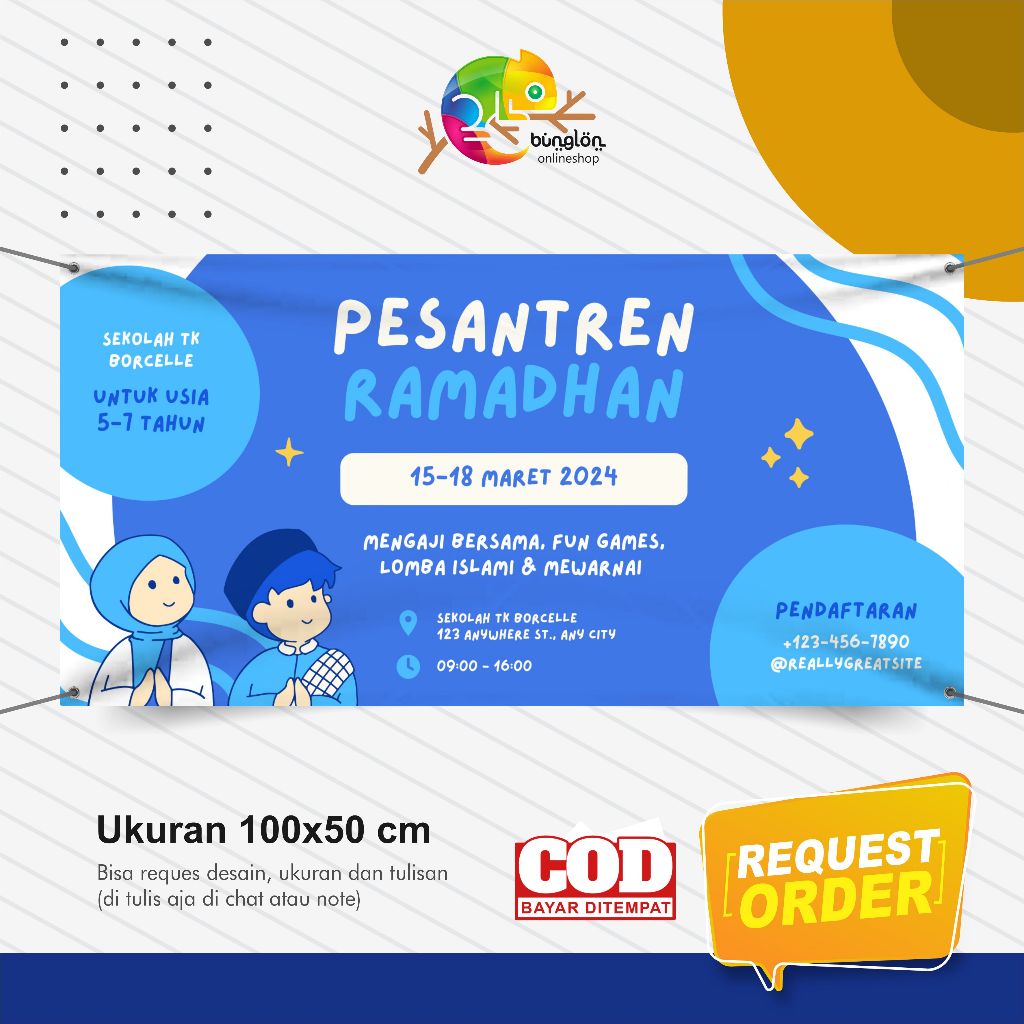 Spanduk Banner Acara Pesantren Ramadhan Untuk Anak Sekolah Berwarna Biru dan Putih