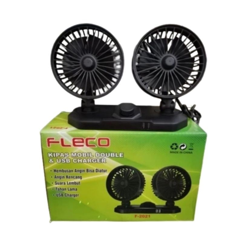 Kipas Angin Mobil & USB Charger, Fleco F-2021, Kipas Angin Mobil Double Headed Fan 12 Volt 24 Volt K
