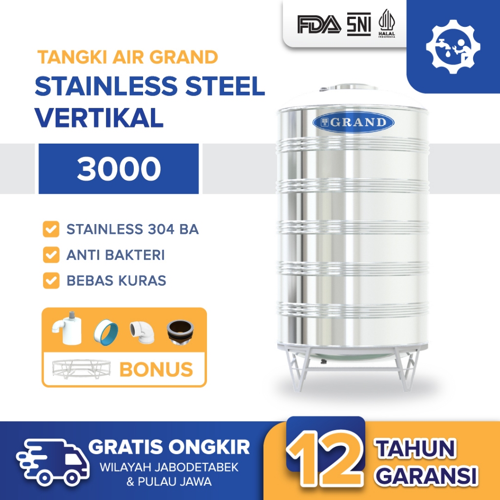 Tangki Tandon Toren Air Stainless Steel Grand TSV 3000 Garansi 12 Tahun Free