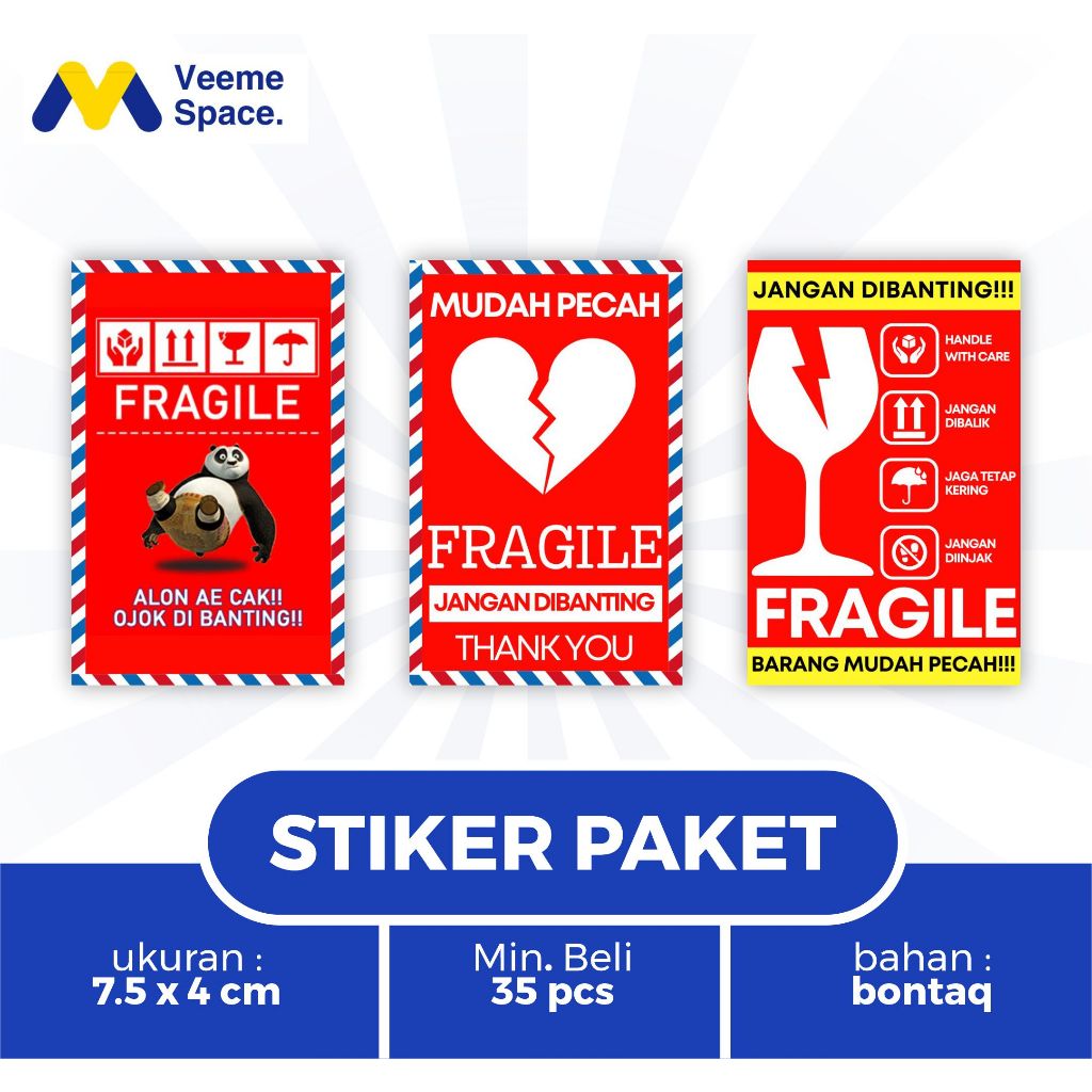 

[ MIN KELIPATAN 35 pcs ] Stiker Fragile | Stiker Paket | Stiker untuk paket ukuran 4 x 7.5 cm