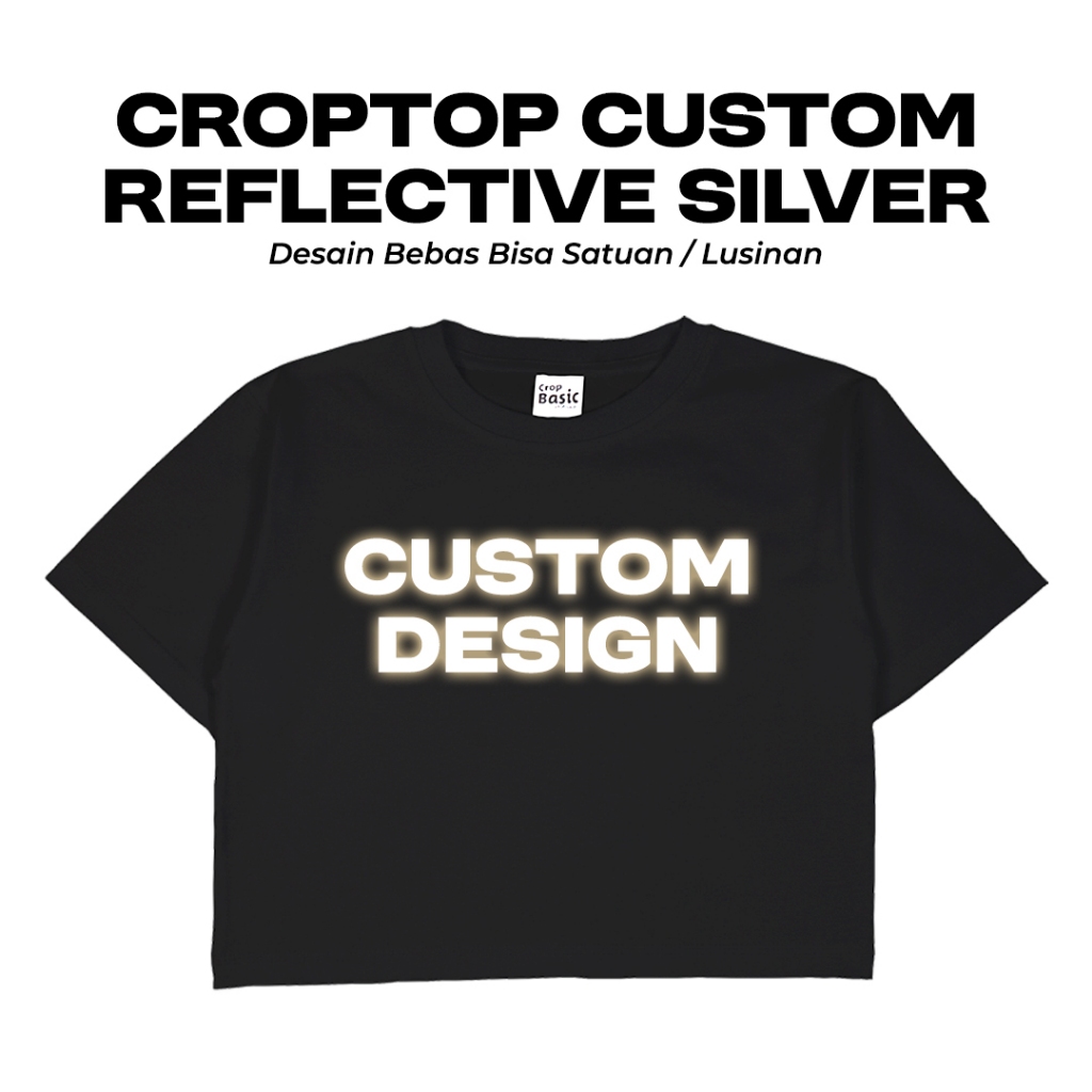 Kaos Crop Top Wanita Custom Sablon Reflective Silver Satuan Reflektif Atasan Crop Korean Style