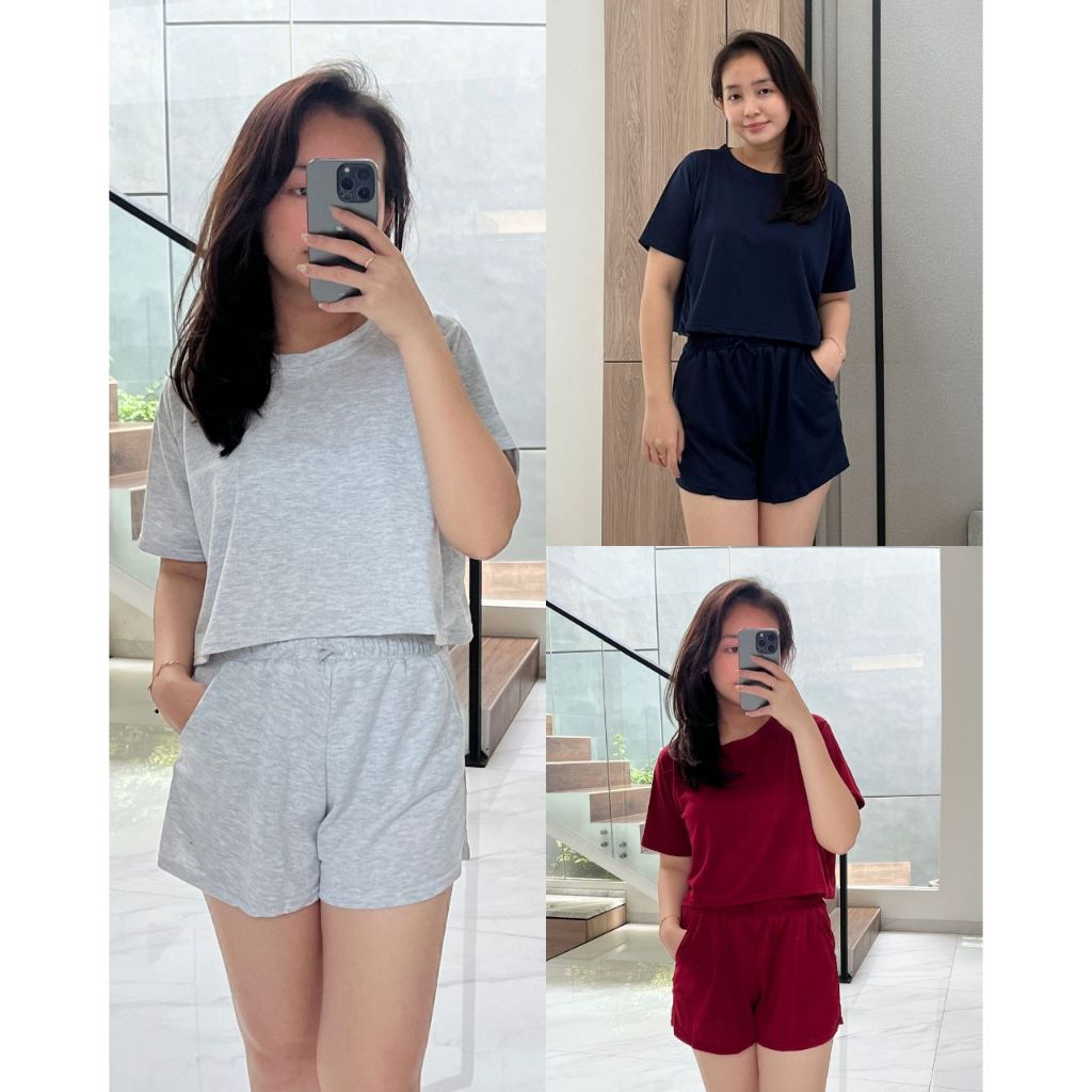 One Set Crop Top Wanita Jumbo Lengan Pendek Celana Pendek Baju Set Crop Wanita Babyterry Premium