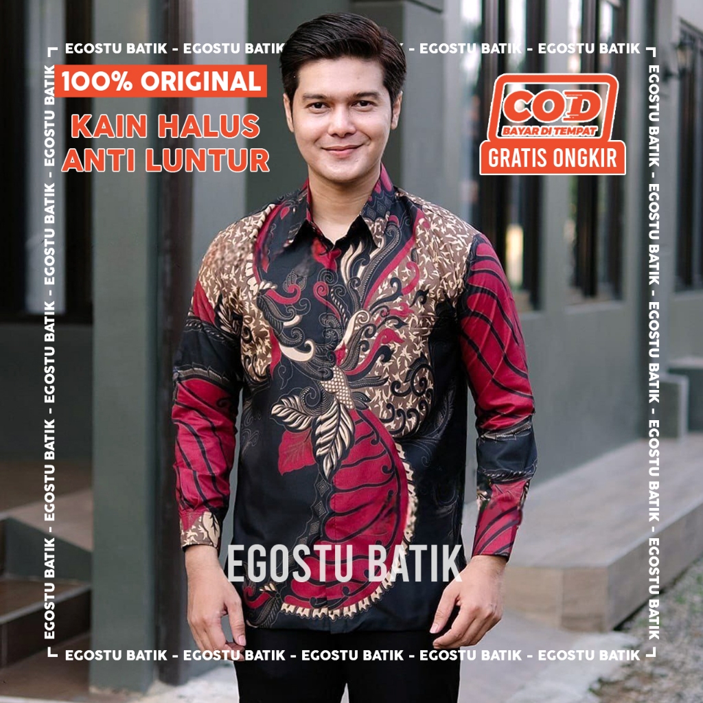 Kemeja Batik Pria Lengan Panjang Dewasa Baju Batik Warna Merah Maroon Batik Marun Ukuran M-L-XL-XXL 