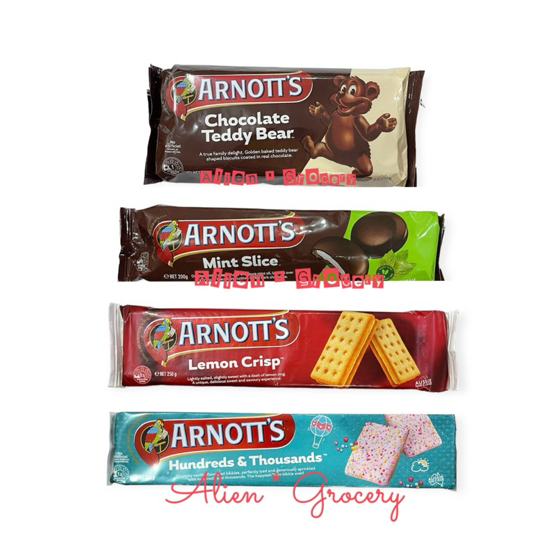 

ARNOTTS ARNOTT’S Chocolate Teddy Bear Mint Slice Lemon Crisps Hundred Thousand Original 200gr 250gr