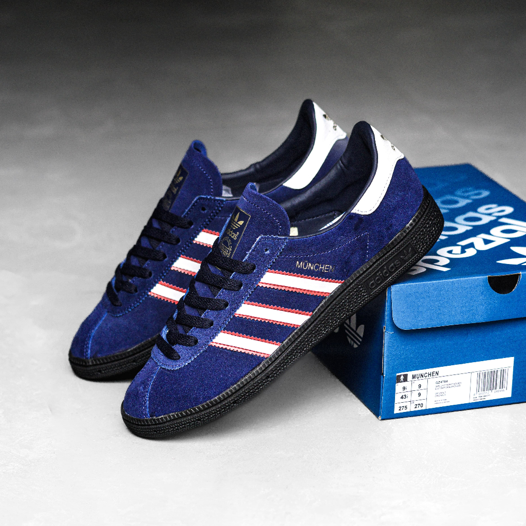 SEPATU ADlDAS MUNCHEN EDGE DEEP BLUE SOFT RED BNIB - SNEAKERS ADIDA ADINDA
