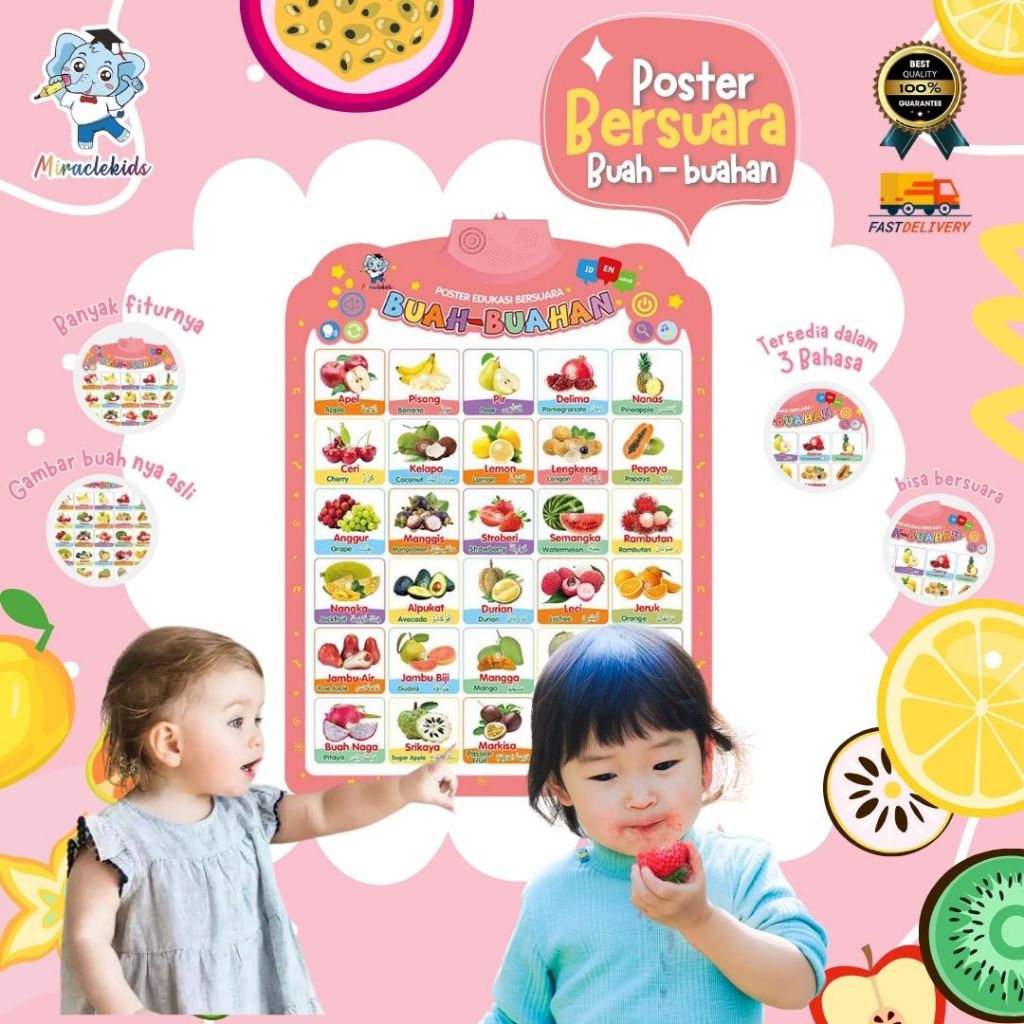 Poster Bersuara Buah Mainan edukasi Anak Belajar buah buahan Bahasa Indonesia Arab Inggris
